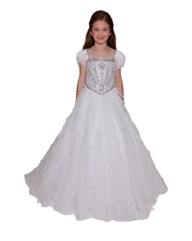 Ava Presley 39889 Size 6, 12 Off White Girls Crystal Bodice Feather Ballgown Pageant Dress Cap Sleeve Formal