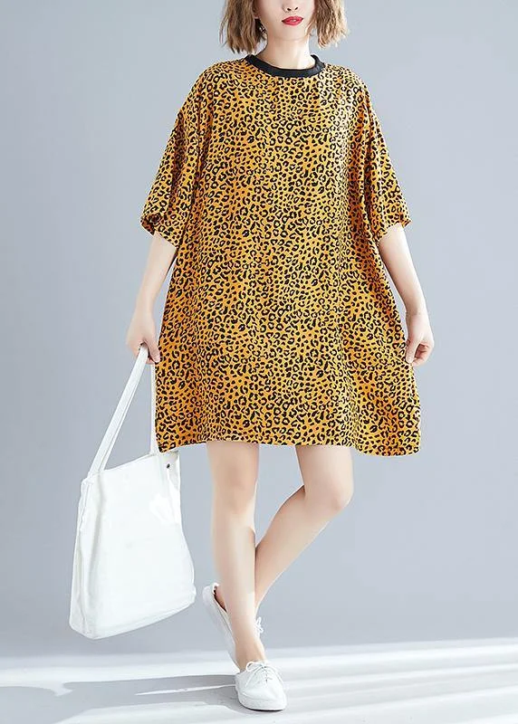 DIY yellow Leopard Cotton blended Drops Design Outfits o neck Batwing Sleeve daily Summer Dresses