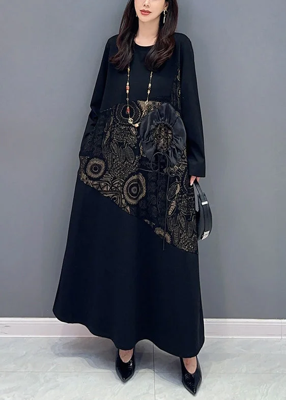 Jacquard Black Lace Up Pockets Cotton Long Dresses Long Sleeve Tunics Trendy modern