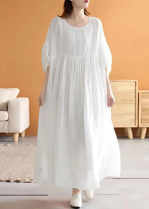 Loose White O Neck Wrinkled Patchwork Linen Long Dresses Summer Tunics Occasion special