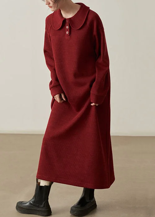 Loose Wine Red Pockets Cozy Patchwork Cotton Knit Long Dresses Fall Tunics Travel practical
