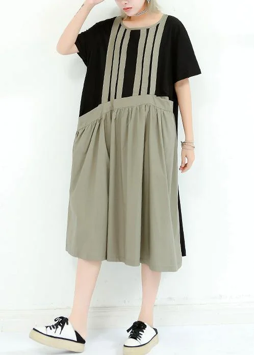 Organic gray green cotton dresses o neck patchwork cotton summer Dress
