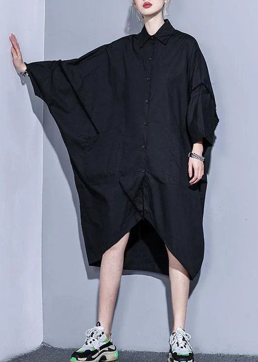 Organic lapel pockets patchwork cotton spring clothes For Women design black Traveling Dress