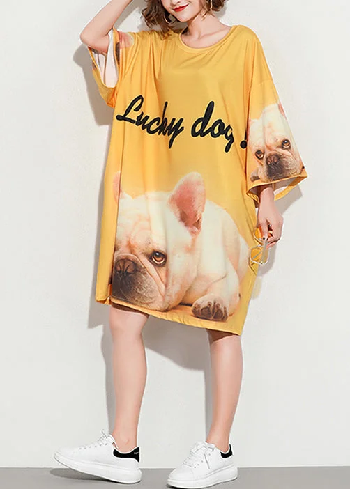 Style yellow print Cotton tunic pattern plus size Sleeve o neck baggy Summer Dress