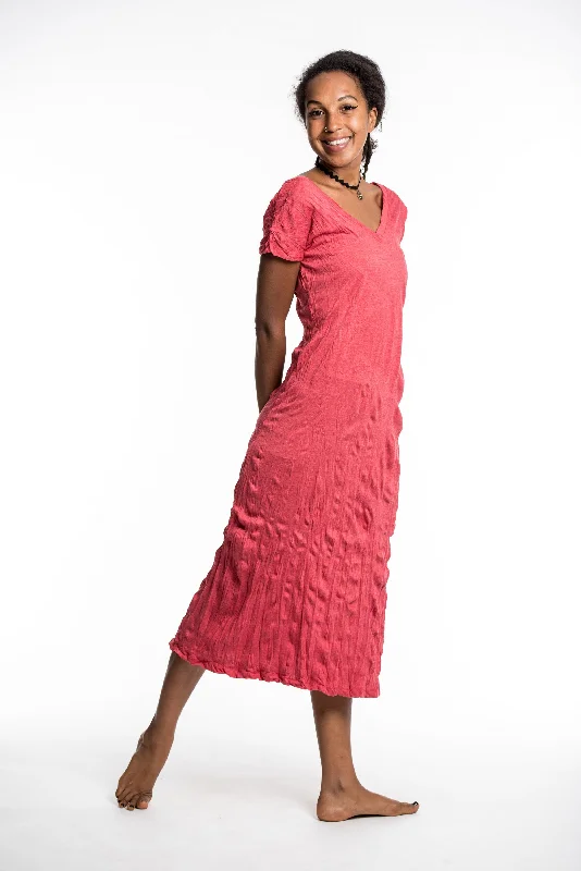 Womens Solid Color V Neck Long Dress in Red Tunics Short Trendy