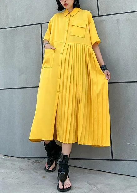 Women yellow cotton clothes Women lapel Cinched Kaftan summer Dress