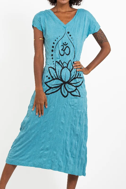 Womens Lotus Om V Neck Long Dress in Turquoise Tunics Floral girly