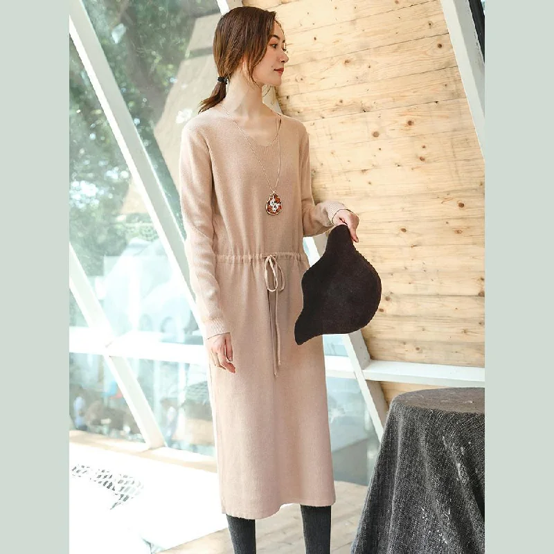 boutique beige knit Loose fitting V neck spring dresses fine drawstring long knit sweaters