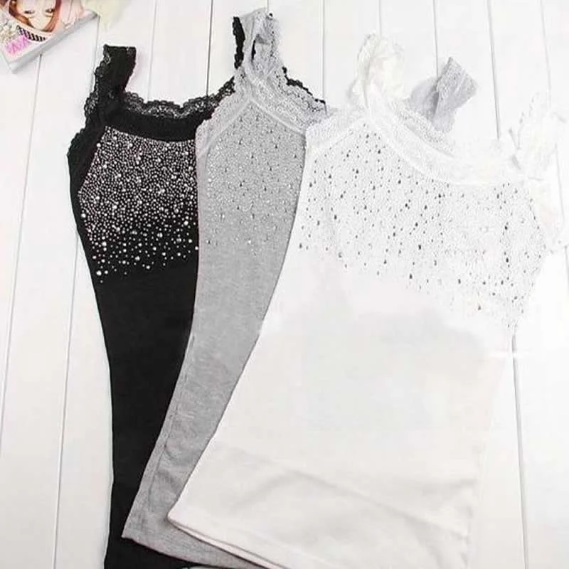 Women Sexy Rhinestone Lace Stunning Based Sleeveless Vest Tank Top Tee T-Shirt Black White Gray Camisole Cami Shirt Slim Rayon Fabric Velvet Fabric Corduroy Fabric Women Sexy Rhinestone Lace Stunning Based Sleeveless Vest Tank Top Tee T-Shirt Black White Gray Camisole Cami Shirt Slim Rayon Fabric Velvet Fabric Corduroy Fabric