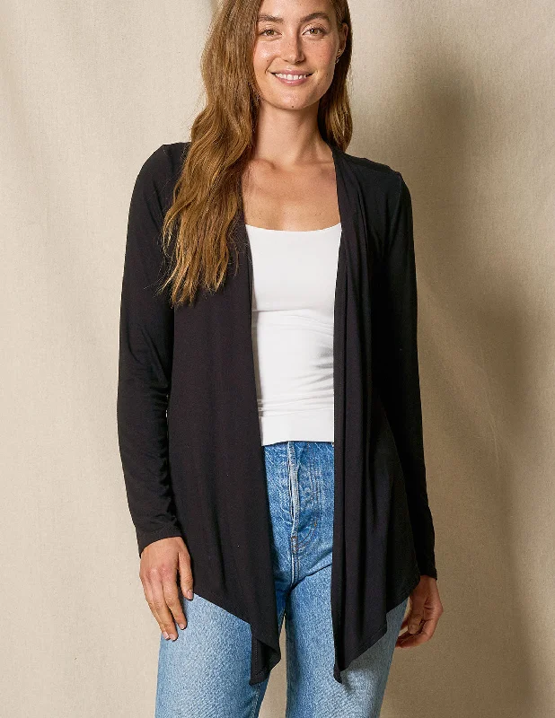 Bamboo Open Front Jacket - Black Tiered Jacket Buttoned Jacket Zippered Jacket