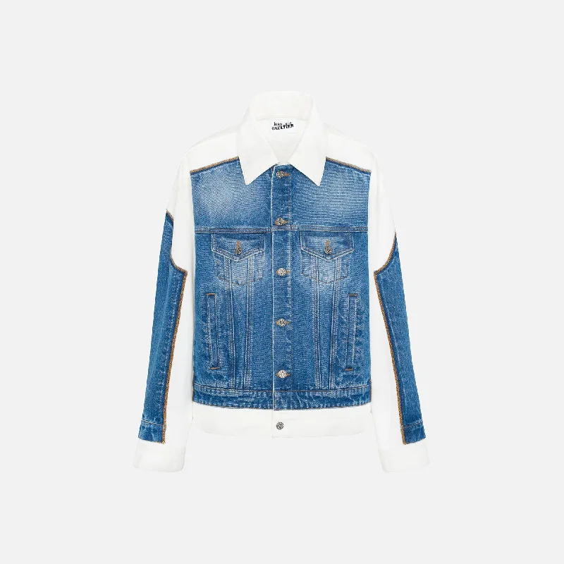 Jean Paul Gaultier Denim Jacket with Contrast Detail - Vintage Blue Fleece Jacket Down Jacket Feather Jacket Jean Paul Gaultier Denim Jacket with Contrast Detail - Vintage Blue Fleece Jacket Down Jacket Feather Jacket