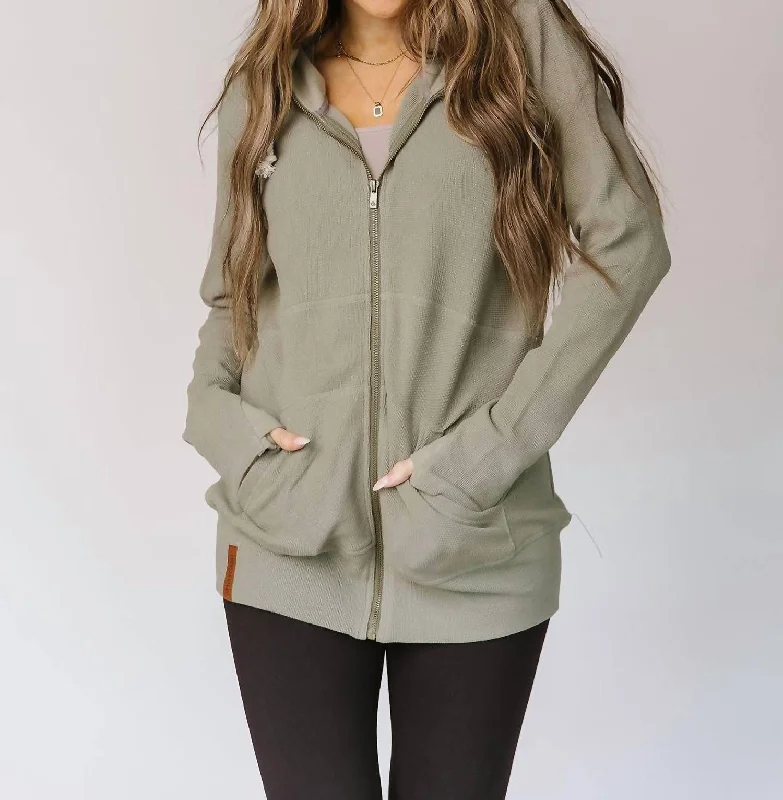 Waffle Knit Fullzip Hoodie In Willow Hoodie with Ribbed Neckline Snug Warm