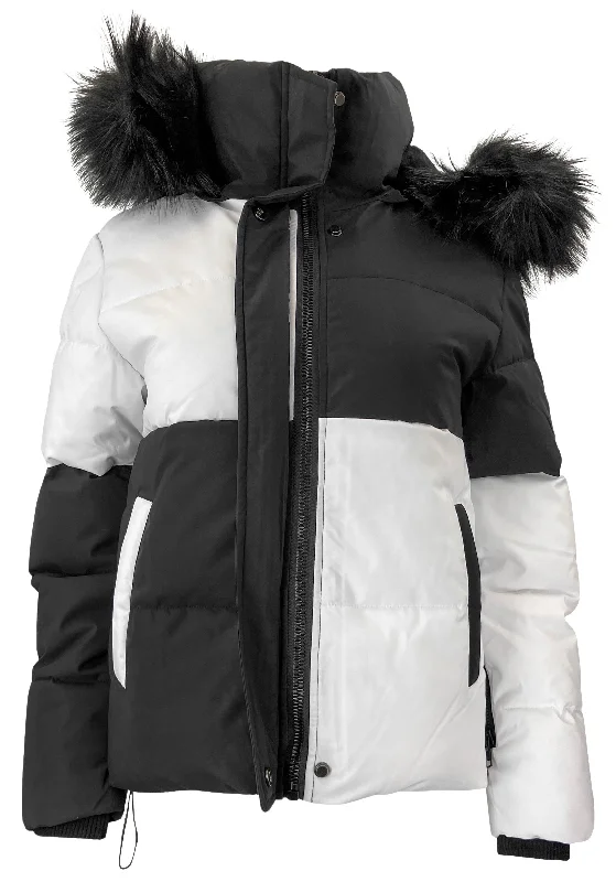 Apparis Suki Colorblock Coat in Black/White Stretch Fit Moto Jacket