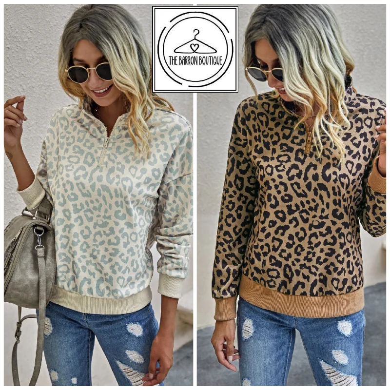 Quarter Zip Leopard Pullover Cowl Neck Pullover