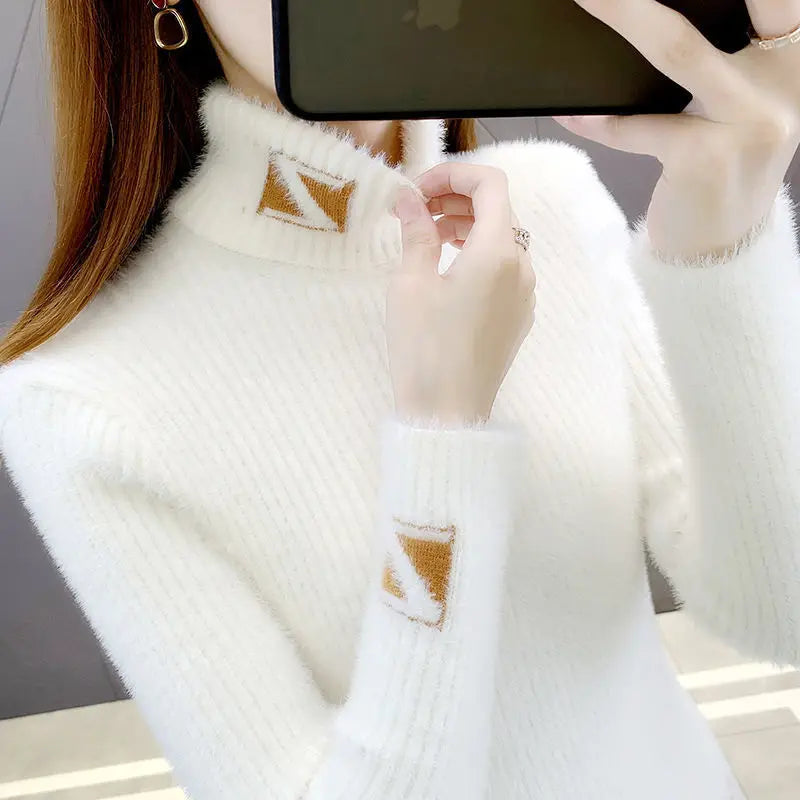 Znbbw Collar Pullover Sweater Women Mink Letter Jacquard Underlay Solid Western Knit Undercoat Autumn Winter Pullover Sweater Deep Neck Pullover