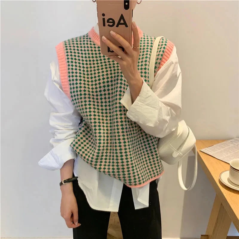 Znbbw Plaid Sweater Vest Women Patchwork Sleeveless Knitted Waistcoat Korean O Neck Casual Knitwear Harajuku Jumpers Pullovers Jewel Neck Pullover Znbbw Plaid Sweater Vest Women Patchwork Sleeveless Knitted Waistcoat Korean O Neck Casual Knitwear Harajuku Jumpers Pullovers Jewel Neck Pullover