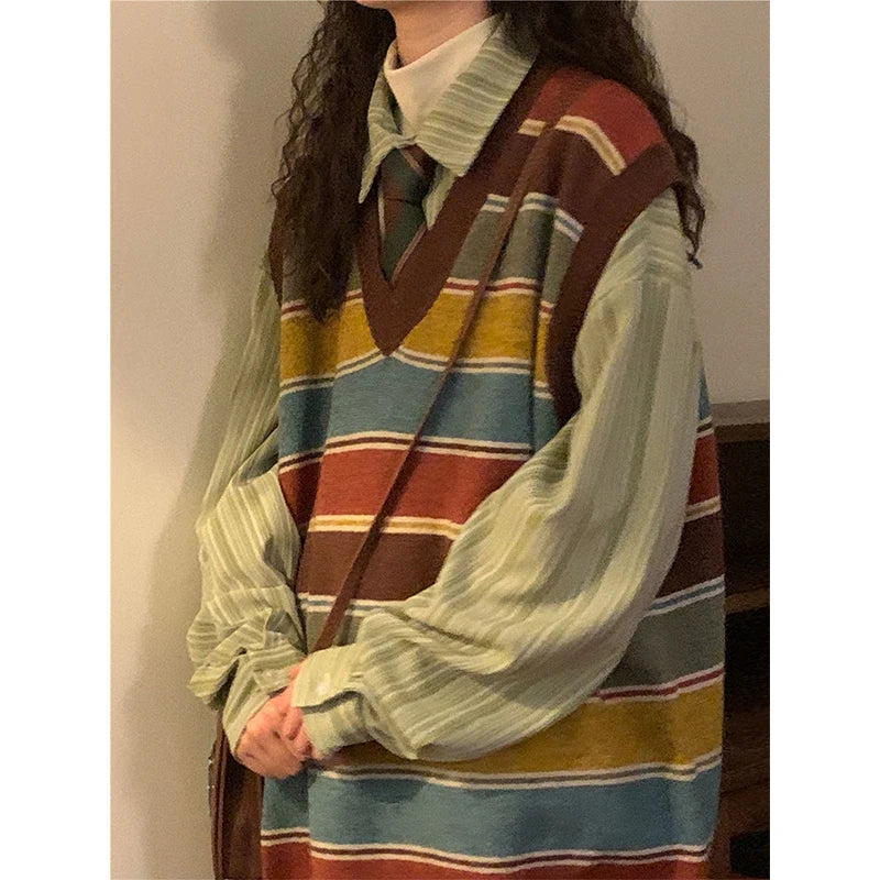 Znbbw Striped Sweater Vest Women Harajuku Sleeveless Knitted Pullovers Streetwear Oversized Waistcoat Knitwear Korean Jumpers Honey Neck Pullover Znbbw Striped Sweater Vest Women Harajuku Sleeveless Knitted Pullovers Streetwear Oversized Waistcoat Knitwear Korean Jumpers Honey Neck Pullover