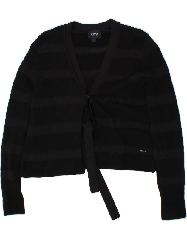 ARMANI JEANS Womens Crop Cardigan Sweater IT 38 XS Black Striped Chenille Fabric Brocade Fabric Lace Fabric