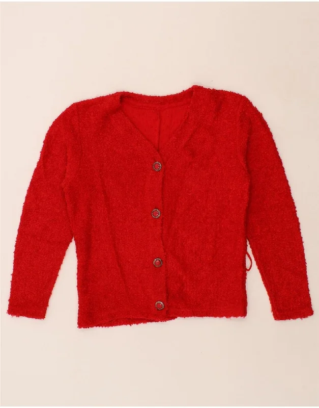 VINTAGE Womens Cardigan Sweater UK 14 Large Red Wool Ribbed Striped Patterned