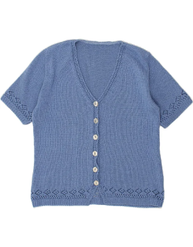 VINTAGE Womens Short Sleeve Cardigan Sweater UK 16 Large Blue Cotton Handmade Hand-knitted Hand-woven