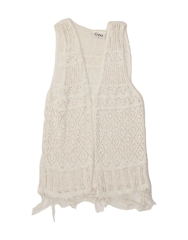 VINTAGE Womens Sleeveless Cardigan Sweater IT 42 Medium White Viscose Front Pockets Side Pockets Patch Pockets VINTAGE Womens Sleeveless Cardigan Sweater IT 42 Medium White Viscose Front Pockets Side Pockets Patch Pockets