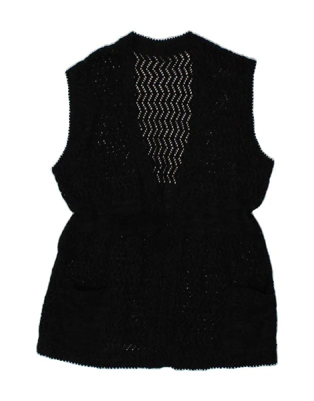 VINTAGE Womens Sleeveless Cardigan Sweater UK 16 Large Black Patchwork Embroidered Appliqued VINTAGE Womens Sleeveless Cardigan Sweater UK 16 Large Black Patchwork Embroidered Appliqued